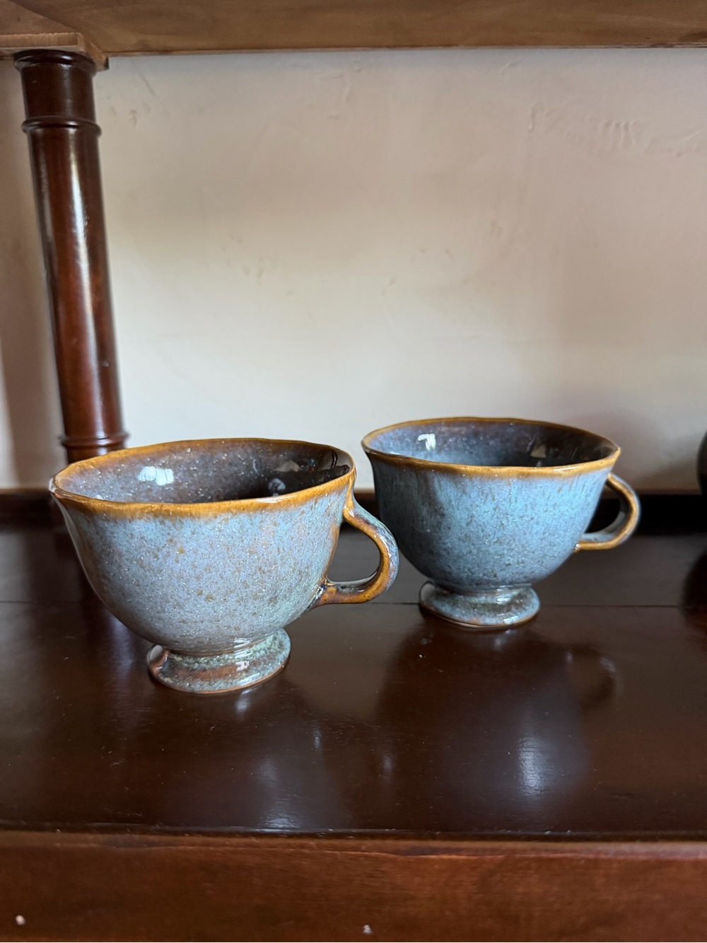 Handmade Ceramic Pedestal Teacups in Blue with Golden Rim